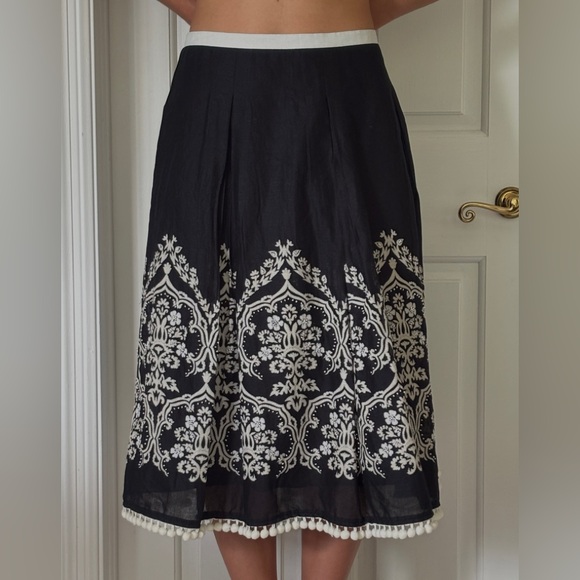 Ann Taylor Loft Dresses & Skirts - LOFT Black A-line Cotton Pleated Midi Skirt Beaded and PomPom Trim